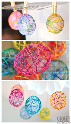 three different pictures of colorful yarn balls hanging from clothes pins