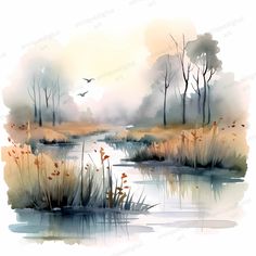 watercolor painting of a river with reeds and birds flying over it in the background