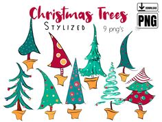 christmas trees with different shapes and sizes are shown in this graphic design kit for the project