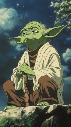 yoda sitting on the ground in front of some clouds