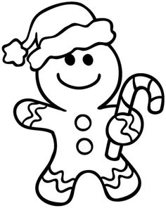 a black and white drawing of a christmas ginger with a candy cane in his hand