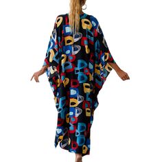 Letters Print Long Kinimo Beachwear Trendy Multicolor Beach Cover-up, Casual Multicolor V-neck Kimono, Casual Black Cover-up For Loungewear, Oversized Black Cover-up For Vacation, Casual Oversized Cover-up For Vacation, Blue Casual Kaftan For Loungewear, Relaxed Fit Open Front Cover-up For Vacation, Oversized Casual Beach Dress For Spring, Casual Long Sleeve Beach Dress For Loungewear