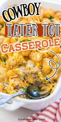 cowboy tater tot casserole in a white dish