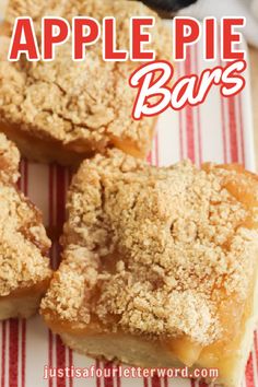 apple pie bars on a red and white striped tablecloth with the title above it