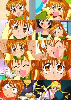 the many faces of an anime character with different facial expressions and hair colors, including blondes