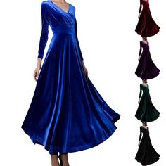 #ad Top Seller for Women V-Neck Velvet Stretchy Long Dress Solid Long Sleeve Maxi Party Swing Dress, Fashion Dress Blue Velvet Winter Dress, Velvet Dress Long Sleeve, Christmas Maxi Dress, Velvet Long Dress, Gold Velvet Dress, Long Dress Elegant, Solid Maxi Dress, Dress Elegant Long, Velvet Dress Long