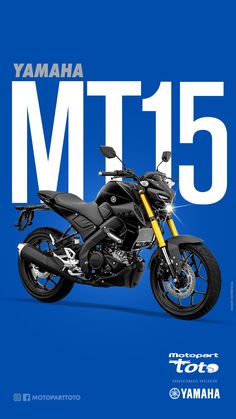 the yamaha mt - 15 motorcycle is shown on a blue background