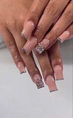 Gems Around Cuticle Nails, Medium Silver Nails, Bling French Tip Nails, Short Prom Nails, Acrylic Nail Set, Colored Acrylic Nails