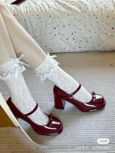 #shoes #shoesaddict #shoes #trendyshoes #trend #style #xiaohongshu #coquette #lace Ingenue Shoes, Coqqette Shoes, Red Coquette Fashion, Cottage Shoes, Heels Coquette, Cottage Core Shoes, Coquette Shoes Brown, Red Mary Janes Aesthetic, Coquette Sneakers