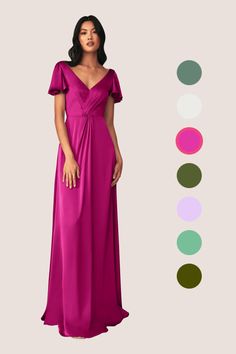 a woman in a long pink dress standing next to different color swatches and colors