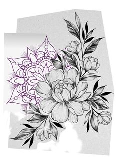 a drawing of flowers with leaves on the bottom and side of it, in black and white