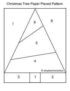 the christmas tree paper pieced pattern is shown in black and white, with numbers below it