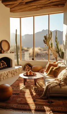 a living room filled with furniture and a fire place in front of a large window