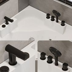 three different views of a bathtub with black faucets and soap dispensers