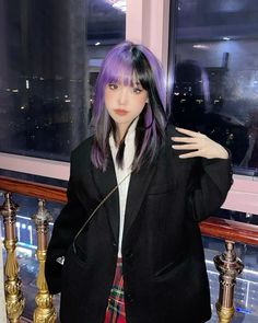 Color Bangstyle Hair, Purple Racoon Tail Hair, Black Hair With Purple Ends, Black Hair With Colored Bangs, Two Tone Purple Hair, Purple Black Hair Dye, Purple Bangs, Purple And Black Hair, Purple Black Hair