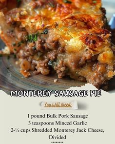 a piece of meat and cheese casserole on a plate with the recipe below it