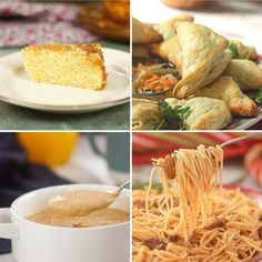 there are four pictures with different food items in the same photo and one has noodles on it