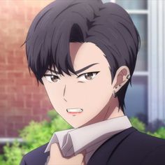 an anime character with black hair and brown eyes, wearing a white collared shirt