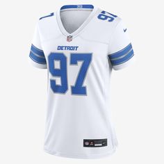 Rep one of your team's top stars with this Detroit Lions Jersey. Proper ventilation and a form fit help provide a dry, comfortable wear with the authentic look of the on-field uniform. White Sports Jersey For Sports Season, White Fitted Jersey For Sports Events, White Sporty Jersey For Football Season, White Jersey For Football Season Sports, White Football Season Sports Jersey, White Sports Jersey For Football Season, White Sporty Jersey With Team Logo, White Fitted Sports Jersey, White Jersey For Team Events During Sports Season