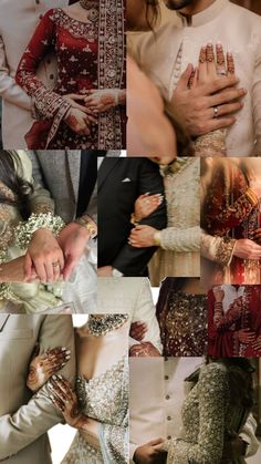 many different pictures of people dressed in wedding outfits and holding each other's hands