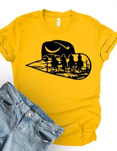 Unisex Poly Cotton Blend Tshirt Unisex Fan Merchandise Top With Front Print, Yellow Short Sleeve Fan Merchandise Top, Yellow Pre-shrunk Tops For Fan Merchandise, Wild West, Cotton Blend, Boutique, Sweatshirts, Women's Top, T Shirt