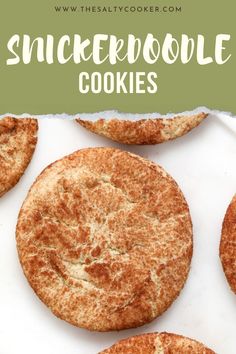 some cookies that are sitting on top of a white plate with the words, snickkerdoodle cookies