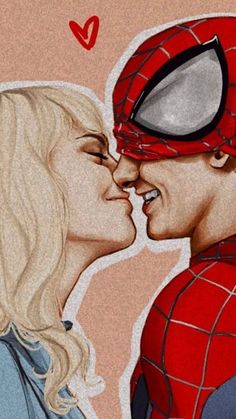 two people kissing each other in front of a spider man and woman face to face