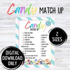 the candy match up game is shown with two sizes