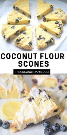 coconut flour scones with blueberries and lemons on top, one is cut in half