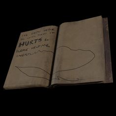 an open book with writing on it in the middle of black background, which reads hurtts