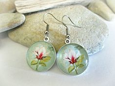 Tulip Earrings | Glass Dome Cabochon Jewelry | Flower Earrings for Women Teens | Mothers Day | Easter Jewelry Girlfriend Gift Spring Jewelry Jewelry Girlfriend, Tulip Earrings, Hamsa Earrings, Mint Green Background, Jewelry Flower, Cabochon Jewelry