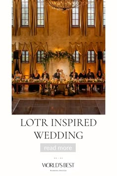 an advertisement for a wedding with people sitting at a table in front of a chandelier