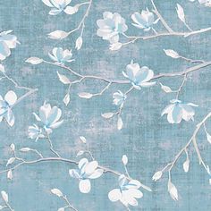 a blue background with white flowers and leaves on the branches, in shades of light blue