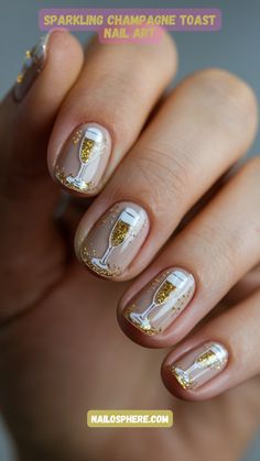 Celebrate in style with these dazzling champagne-themed nails. Featuring delicate clear nail bases adorned with golden glitter details and intricately painted champagne glasses, this design is perfect for parties or special occasions. The shimmering gold accents and minimalist aesthetic create a chic, festive vibe that’s elegant and fun. Champagne Glass Nails Designs, Golden Sparkle Nails, Champagne Bottle Nail Art, Champagne Glass Nail Art, Champagne Bottle Nails, Champagne Glass Nails, Cocktail Nail Art, Champagne Nail Designs, New Year Nail Art Designs