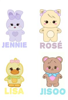 four different types of stuffed animals with names