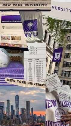 collage of images with buildings and people in the background, including new york university