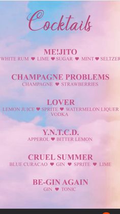 the menu for cocktails is shown in pink and blue