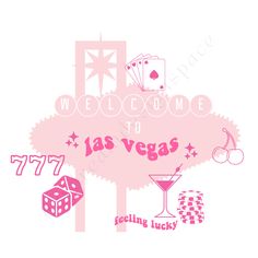 the welcome sign for las vegas is shown in pink and white with dices, cards,