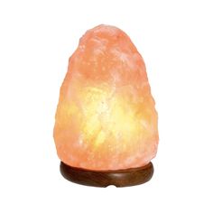 himalayan salt lamp with wooden base and stand on white background for display or purchase in store