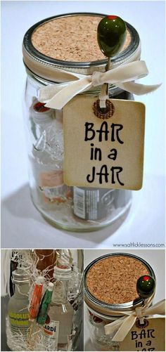 some jars filled with different types of items and labeled in small tags that read bar in a jar