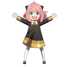 an anime character with pink hair wearing a black and gold outfit, standing in front of a white background