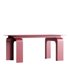 a pink table sitting on top of a white floor next to a red bench with two legs