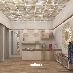 an artist's rendering of a clothing store with clothes on shelves and lamps hanging from the ceiling