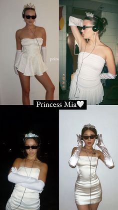 four different pictures of women in dresses and tiaras, one wearing sunglasses the other wearing gloves