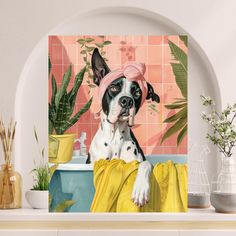 a black and white dog with a pink bandana sitting in a bathtub surrounded by potted plants