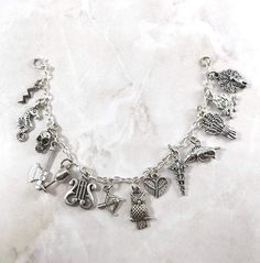 a silver bracelet with charms and symbols on it