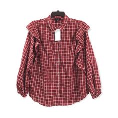 Jessica Simpson Sadie Ruffle Plaid Blouse Woodrose Dylan’s New With Tag A Classic Plaid Pattern, Puff Sleeves, And Ruffles Lend Victorian Charm To This Button-Front Collared Blouse. Details - Button Closure - Collar - 3/4 Puff Sleeves - Plaid Pattern - Cotton Blend Approximate Length- 28.75" 52% Polyester 48% Cotton Machine Washable 002 Jessica Simpson Ruffle Plaid Blouse Size Xl Red Black Navy Pink Casual Shirt With Ruffled Collar For Fall, Plaid Ruffle Blouse For Work, Casual Plaid Blouse With Ruffles, Plaid Ruffled Blouse For Work, Fall Plaid Top With Ruffles, Fall Plaid Ruffled Tops, Plaid Long Sleeve Blouse With Ruffles, Simpsons Shirt, Jessica Simpson Jeans