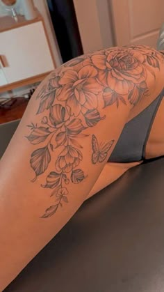 100+ sexy chic hip and boobs tattoo for women Tattoo by  Cora Palmer Upper Thigh Flower Tattoo Women, Thigh Piece Tattoos, Cute Thigh Tattoos, Floral Thigh Tattoos, Hip Thigh Tattoos, Hip Tattoos Women, Inspiration Tattoos, Spine Tattoos For Women, Thigh Tattoos