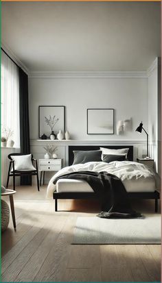 a bed sitting in a bedroom next to a white dresser and lamp on top of a hard wood floor