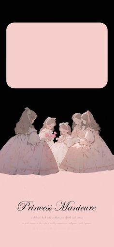 three women dressed in pink dresses are sitting down and looking at each other with an empty speech bubble above them